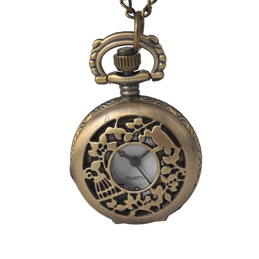 6076Retro personality openwork pattern pocket watch bird cage animal flip bronze quartz watch with necklace