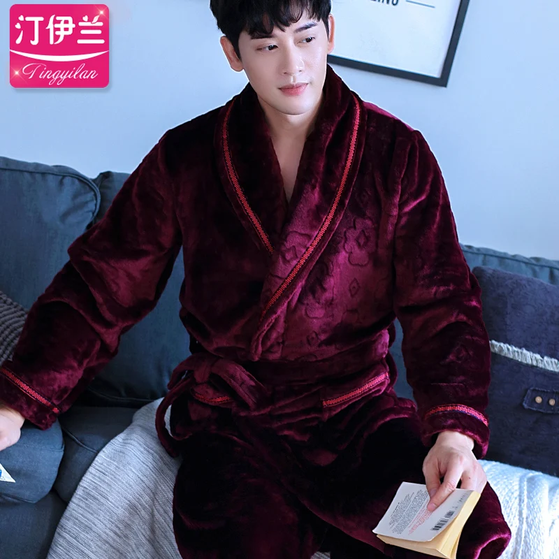 H5957 Men Robes Male Thickened Coral Velvet Autumn Winter Flannel Bathrobe Large Size Long Sleeve Household Clothes Nightwear