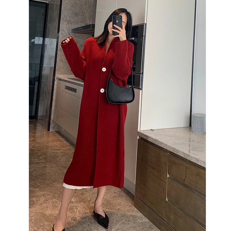 

[ZAYAU]Red Thin T-Shirt Medium Length women's Autumn Winter New Year Large Loose Knit Cardigan Button Sweater Coat 2021