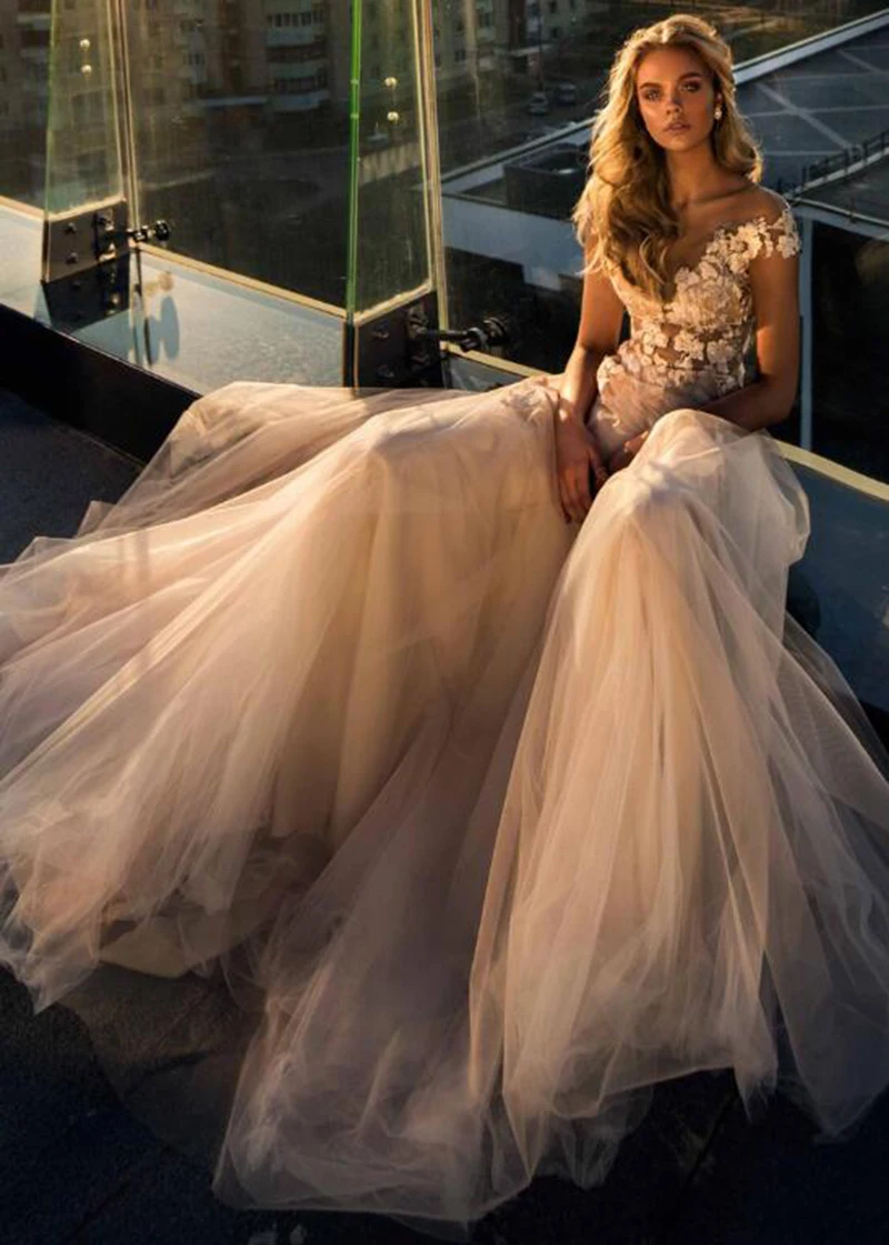 Robe de mariée de plage en tulle avec appliques en dentelle, ligne A, robe de princesse pour patients Boho, ivoire, grande taille, quoi que ce soit, 2023