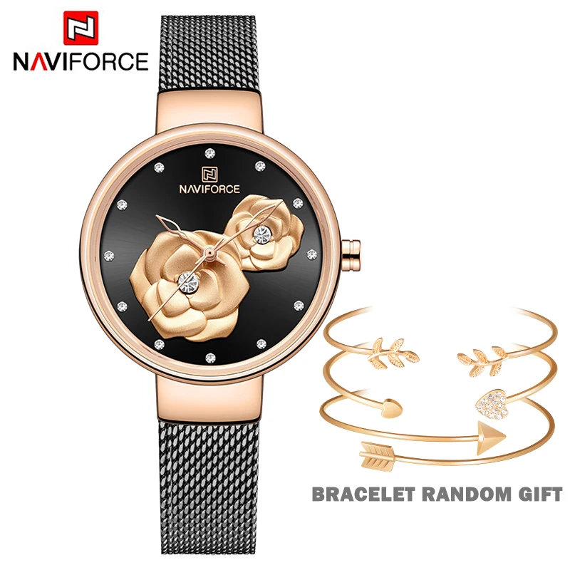 Luxury Brand NAVIFORCE Ladies Watches Fashion Creative 3D Rose wristwatch Gift For Women Girl Casual Clock Relogio Feminino 2019