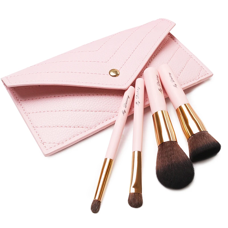 MyDestiny 4Pcs Portable Mini Pink Makeup Brushes Set-With Bag For Travelling-Foundation Powder Eyeshadow-Short Handle-Small Size