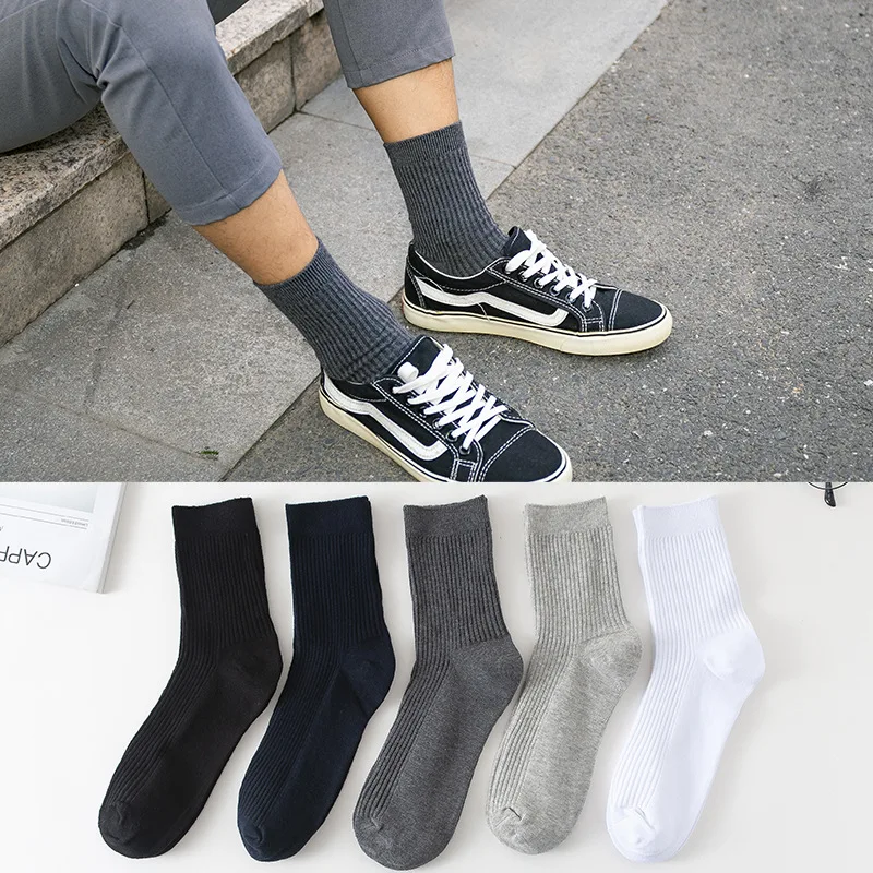 5 Paare/los Hohe Qualität Neue männer Socken Baumwolle Wilden Einfarbig Doppel Nadel Lange Schwarz Weiß Socken Männlichen Business