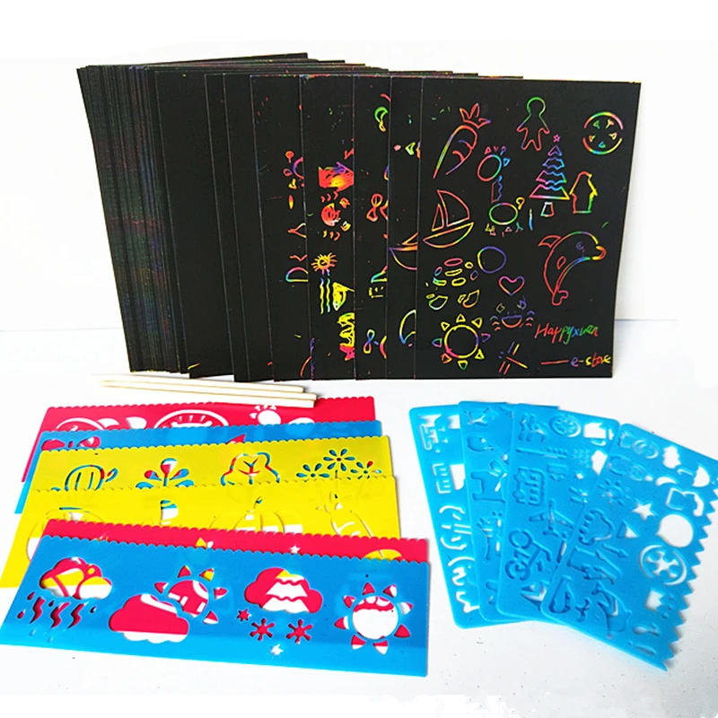 40/50 arkuszy Magic Color Rainbow Scratch Art Paper Card Set z szablonem graffiti do rysowania kij DIY malowanie zabawek dla dzieci ZXH