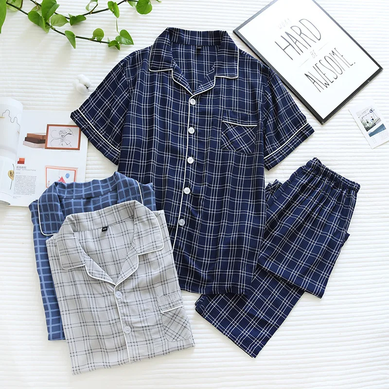 

2025 new men's short-sleeved trousers pajamas two-piece 100% viscose spring and summer thin plaid large size home service cover