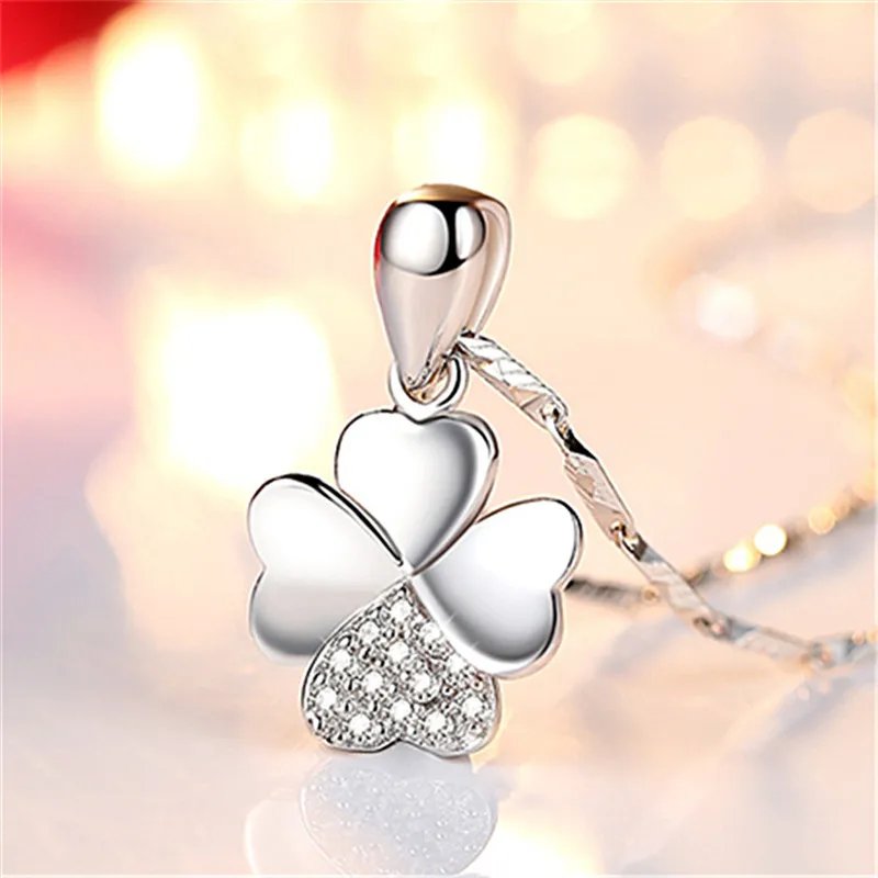 Romantic Zircon Clover Necklace Female Jewelry Trendy Silver 925 Necklace Women Chain Accessories Bright Pendant Choker Bijou