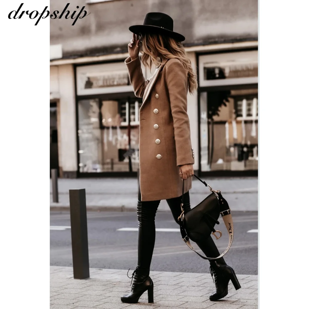 Women Wool Outwear Winter Woollen Coat Long Sleeve Turn-down Collar Blends Jacket Elegant Lady Overcoats