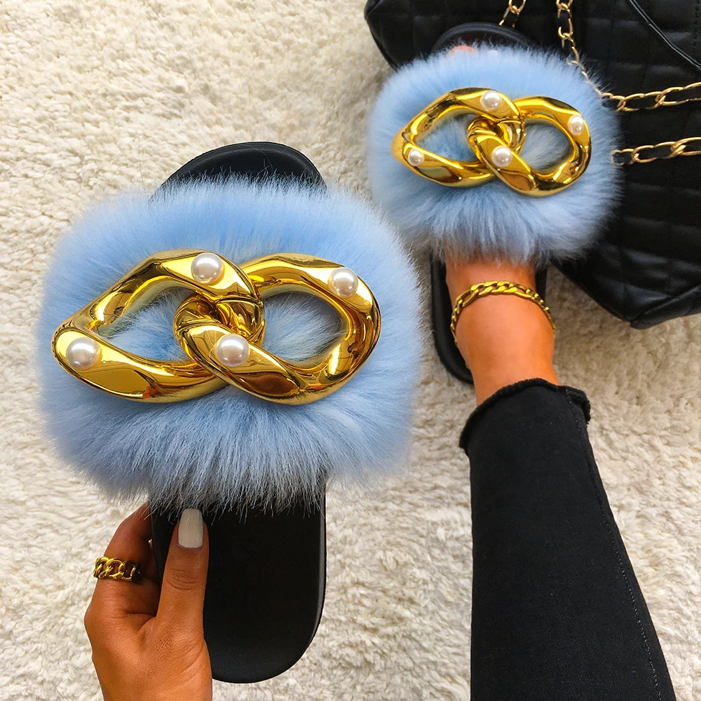 Shoes Woman Flip Flops Beach Summer Slippers Luxury Gold Chain Furry Slides Faux Fluffy Large Size Pearl Slippers Flat Sandals