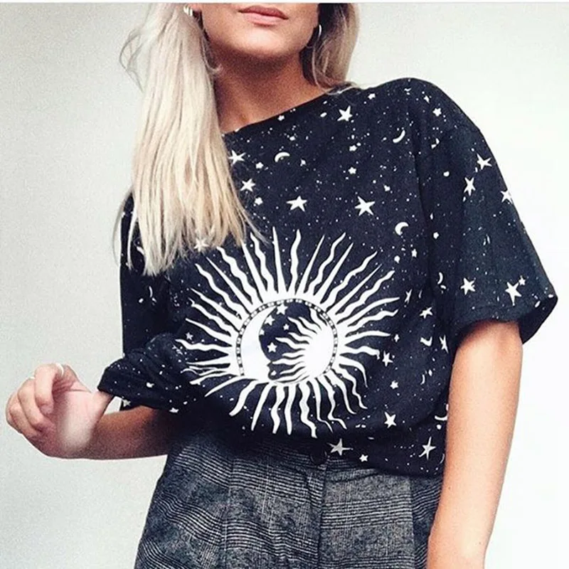 

Cotton Sun Moon Stars print Women T-shirt Summer Short Sleeves Round Neck Printing Tee Casual Fashion Female Tops woman clothing