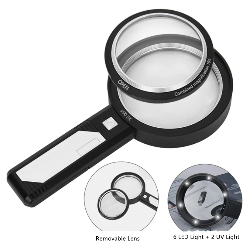 

10X 15X 20X Illuminated Magnifying Glasses Lupa Rechargeable Reading Jeweler Magnifier with 6 LED 2 UV Light for Identification