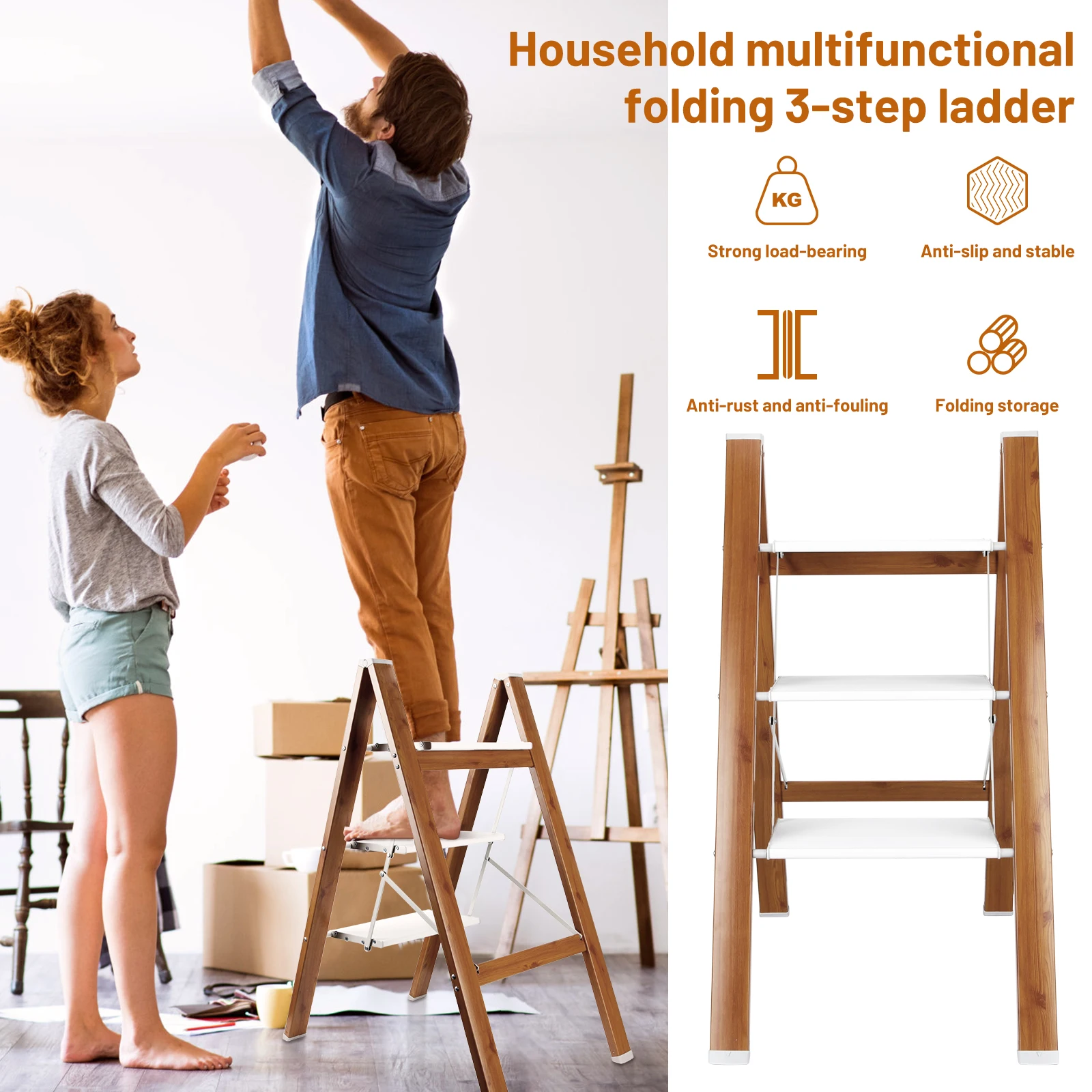 Household 3 Step Multifunctional Folding Ladder Herringbone Ladder Indoor Thick Woodgrain Shelf Rack Three Step Ladder Stool