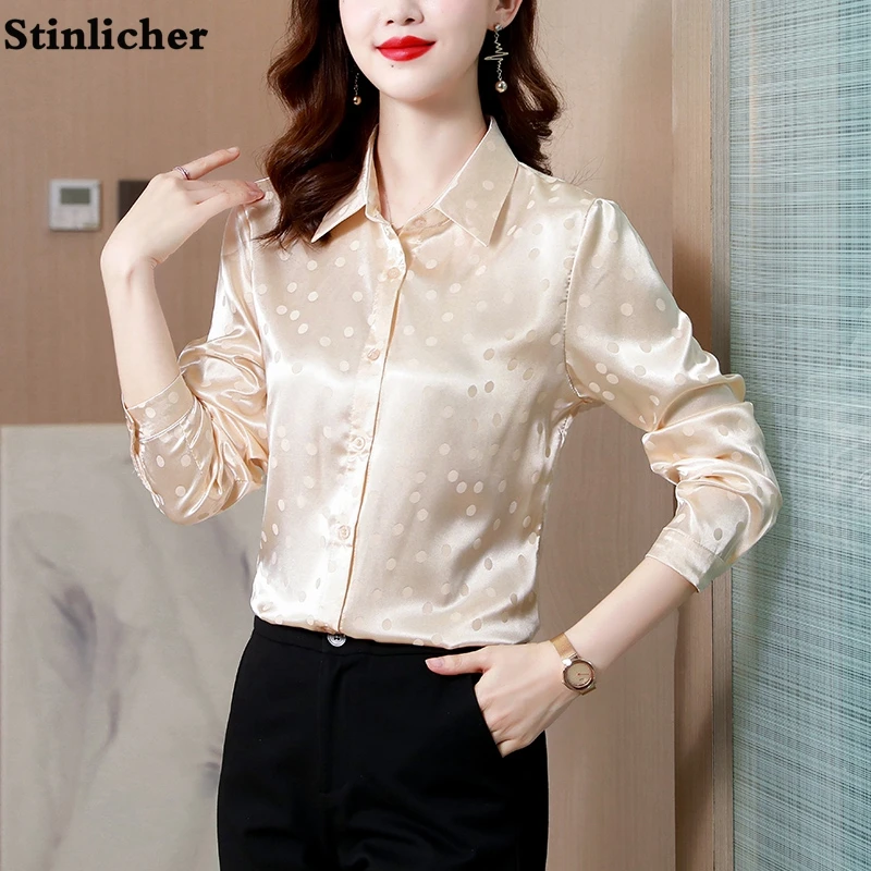 Polka Dot Satin Silk Blouse Women\'s Shirt Elegant Office Ladies Work Shirt Spring Autumn Long Sleeve Silk Tops Female Clothes