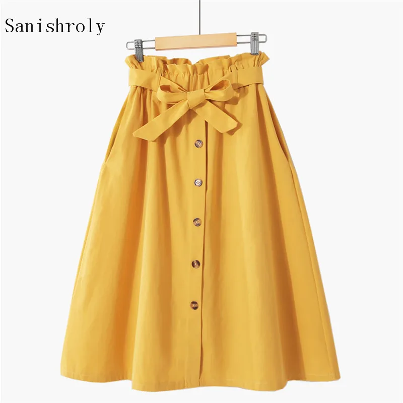 

Sanishroly Vintage Autumn Button Midi Long Skirts Women elastic High Waist Solid Skirt Female Sashes Tie Bow A-Line Skirt SE708