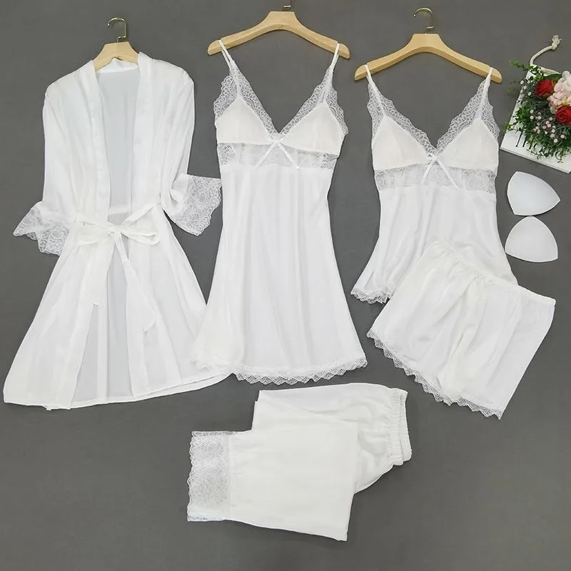 White Women Robe Set Sleepwear Sexy Lady Lace Rayon Summer Nightgown Intimate Lingerie Kimono Bathrobe Gown Nightwear