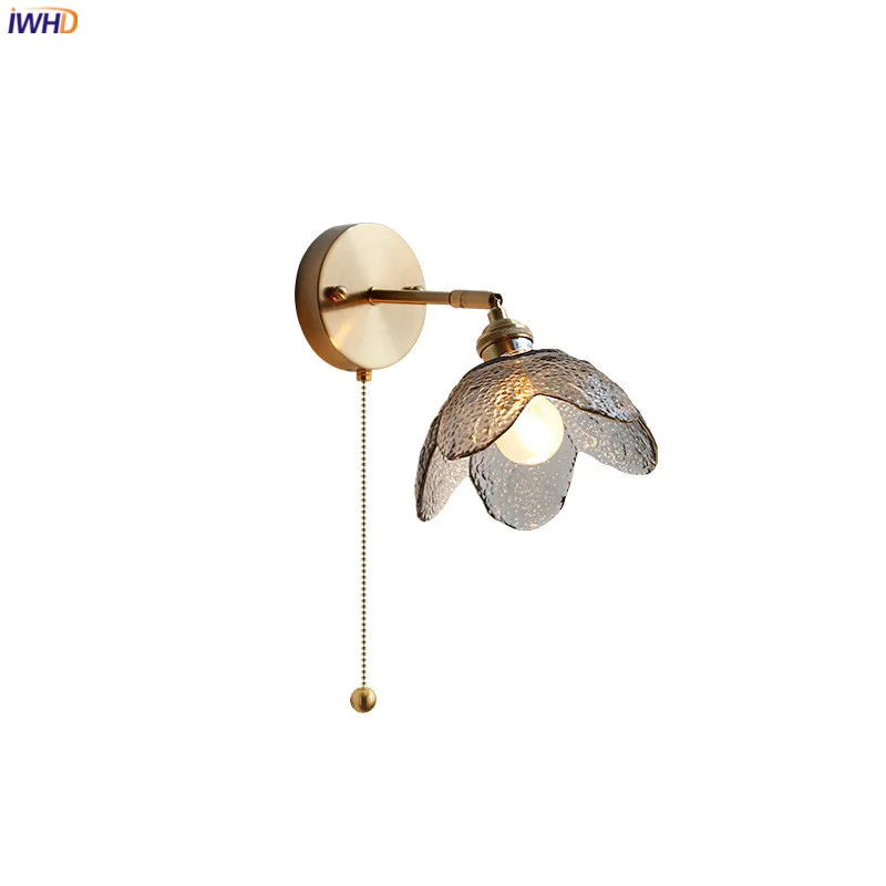 IWHD Pull Chain Switch LED Bathroom Mirror Light Gray Glass Lampshade Copper Nordic Modern Wall Lamp Sconce Wandlamp Lighting