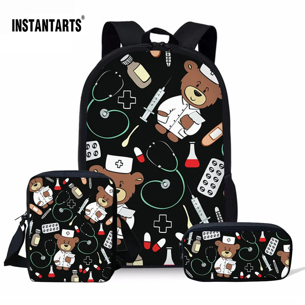 INSTANTARTS Cartoon Bear Nurse Pattern 3pcs School Backpack for Girls Boys Primary Students Book Bag With Lunch Food & Pen Set