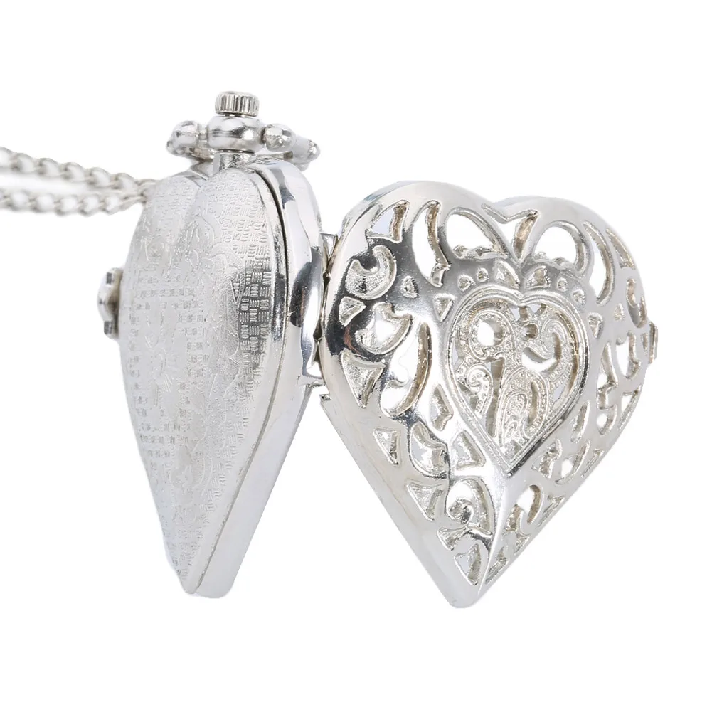 Hollow Quartz Heart Shaped Pocket Watch Necklace Pendant Chain Clock Women Gift XIN-Shipping