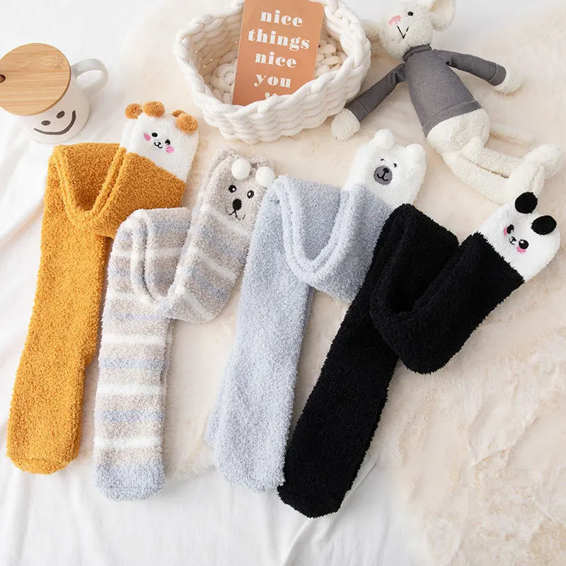 Soft Coral Fleece Knee Socks Winter Warm Girl Women Cute Cartoon Animal Stockings Striped Cozy Thigh High Christmas