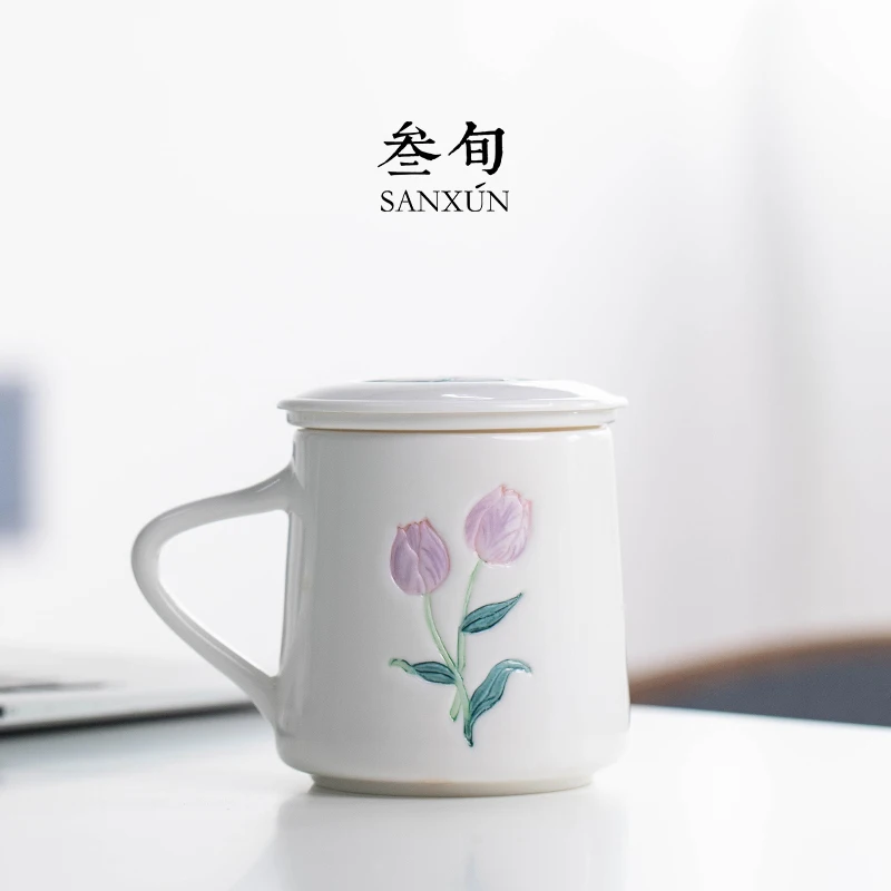 

|Three ten-day tulip mugs office filtering household contracted art glass with cover cup tea cup