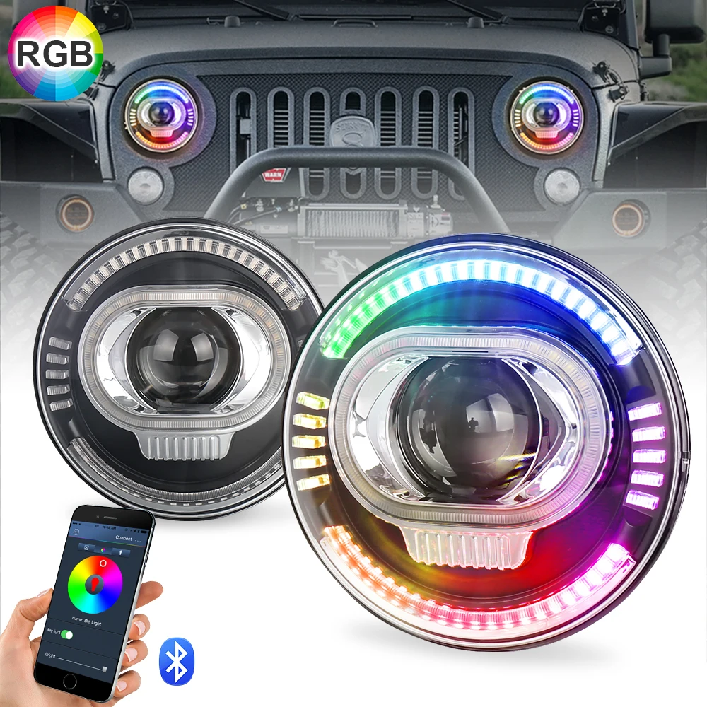 

7 Inch LED Headlights Assembly with RGB Halo White DRL Amber Turn Signal Compatible with -Jeep-Wrangler JK TJ CJ LJ Hummer H1 H2