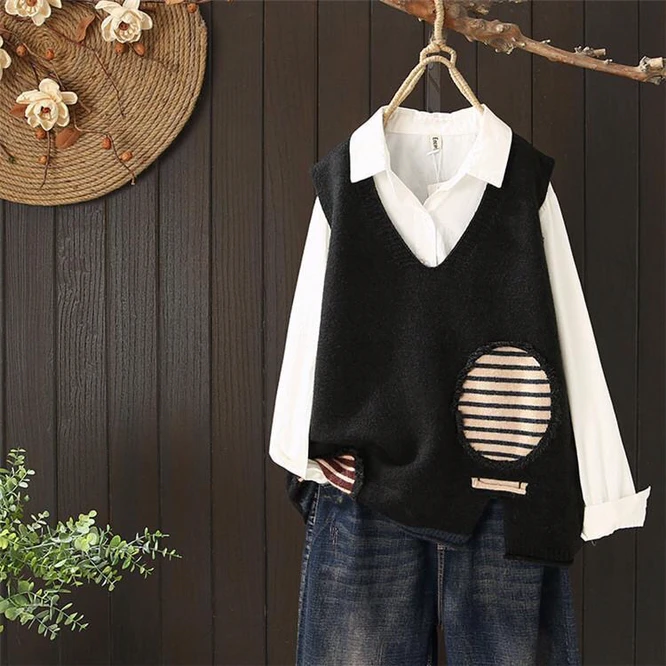 2021 Korean College style Women's Knitted Taped Vest Girls Loose V-Neck Sweater Students Leisure Comfortable Outside Wear Black