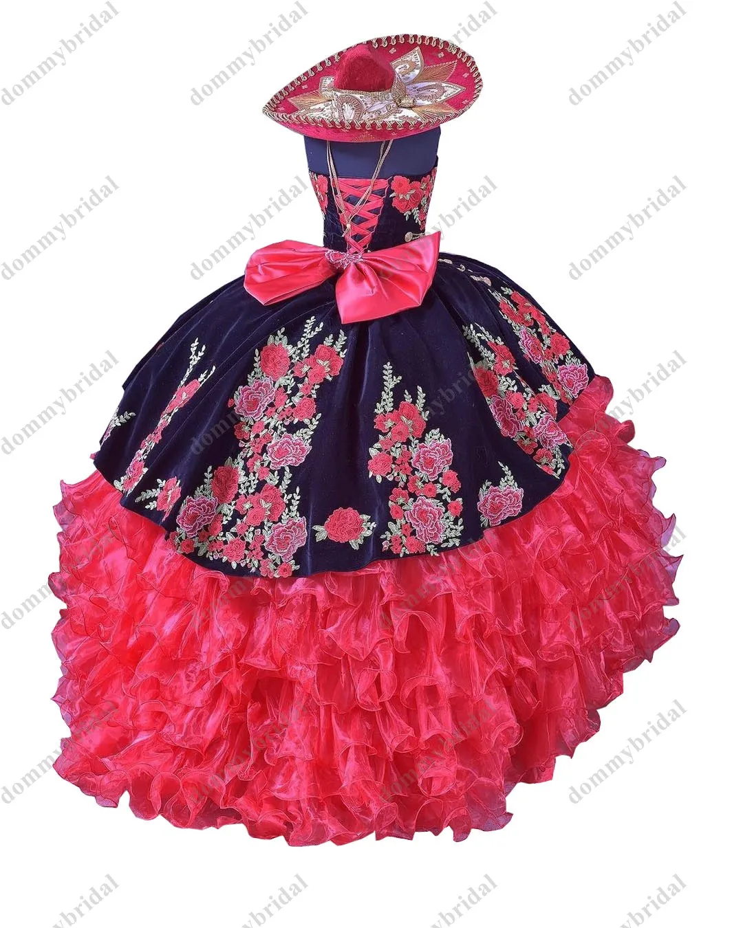 Fashion Zwart Fluwelen Rode Organza Baljurk Sweetheart Jurken Puffy Charro Verstoorde 3D Bloemen Bloem 2023 Big Bows Xv