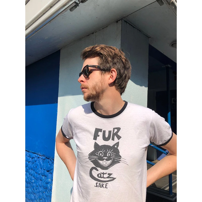 Hillbilly Fur Catz Sake Funny Unisex Ringer Tshirt Loose Modal Cotton Soft Graphic Tees Short Sleeve Summer Aesthetic Shirt