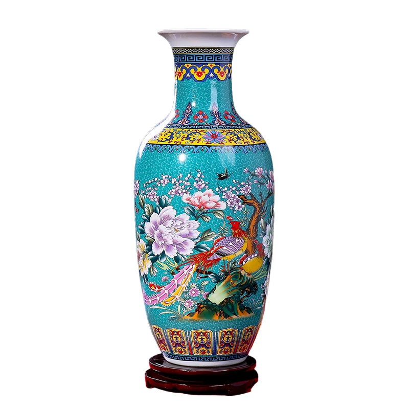 Vaso cinese grande vaso di fiori alto 46cm in ceramica con fenice e motivo floreale per la decorazione domestica, 1 vaso con 1 supporto abbinato