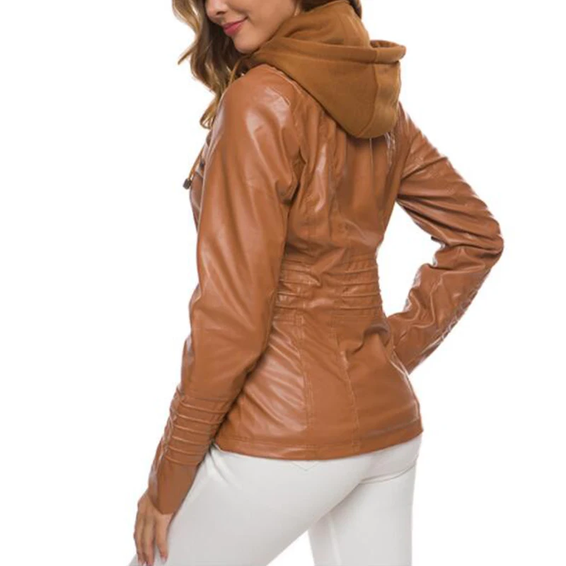 Customizable Hooded Leather Jacket Autumn Winter women's with zipper leather jacket short PU jacket coat Suit Jackets