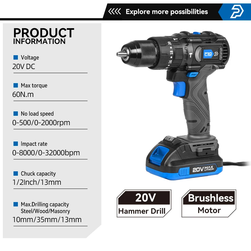 60NM Brushless Hammer Drill Impact Cordless Electric Screwdriver 3 Function 20V Steel / Wood / Masonry Tool By PROSTORMER