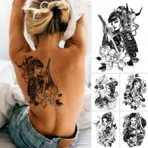 Wasserdicht Temporäre Tattoo Aufkleber Schönheit Samurai Schwert Pfingstrose Flash Tattoos Japanische Skizze Körper Kunst Arm Gefälschte Tatoo Frauen Männer