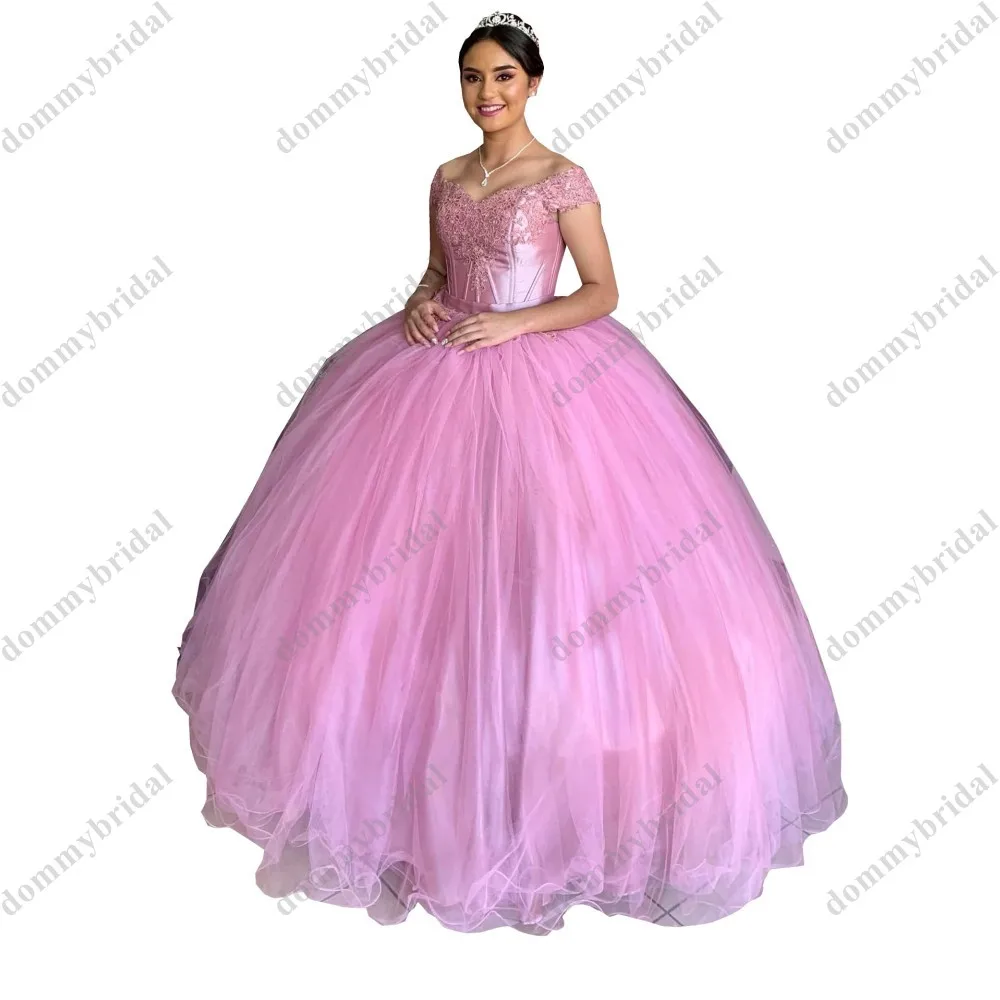 Vestido de baile de encaje Rosa polvoriento asequible, falda hinchada, vestido de quinceañera, corsé de tul con hombros descubiertos, aplique trasero XV 2022