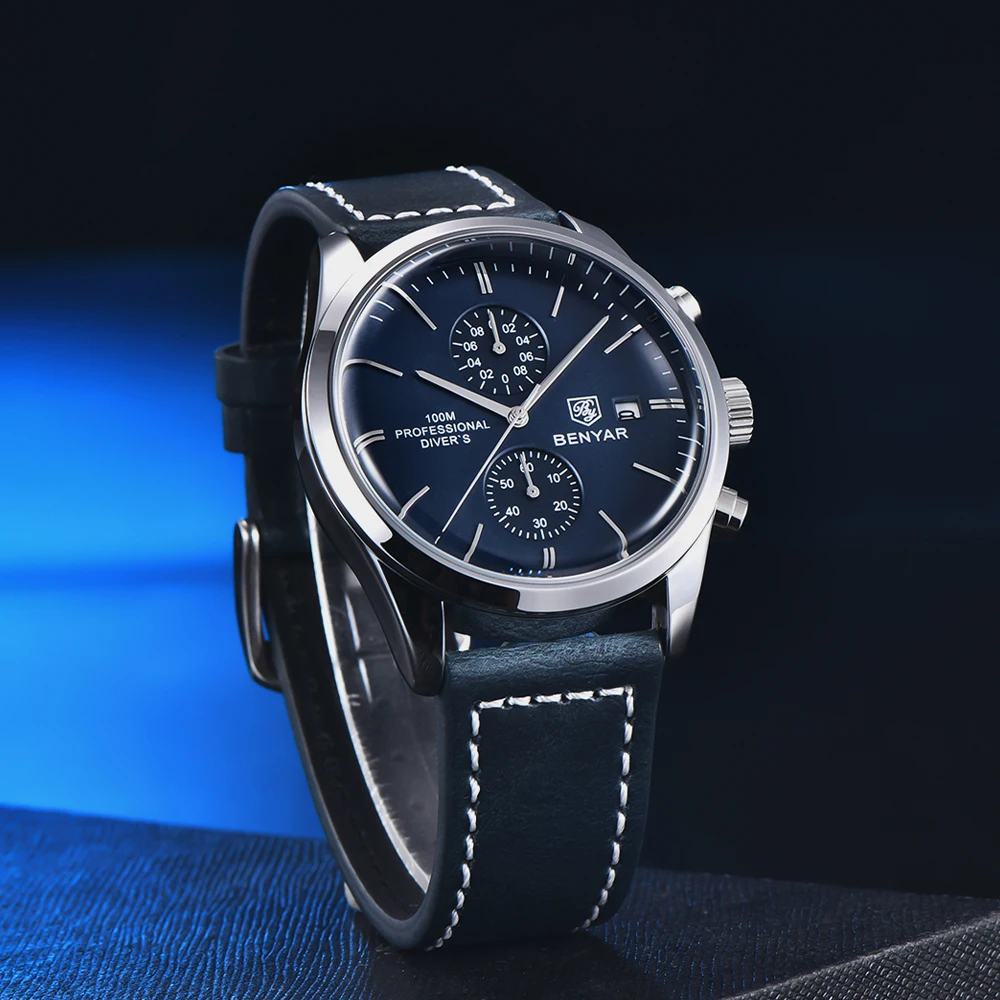 2022 BENYAR New Men Quartz Wristwatches Luxury Brand 100M Waterproof Men Watch Leather Military Sports Chronograph Watch for Men