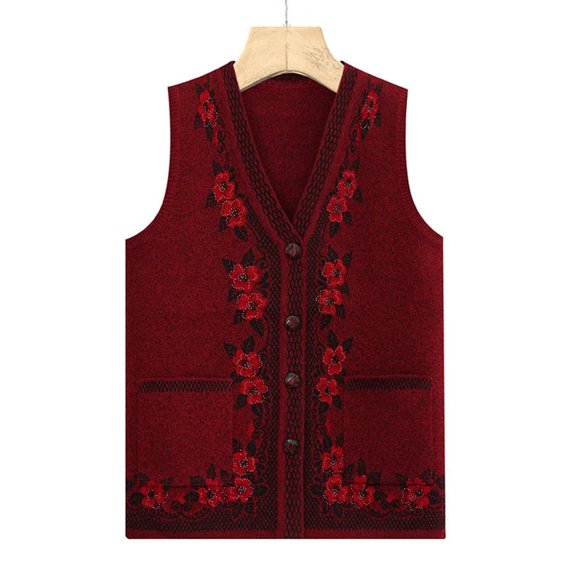 

Knitted Cardigan Sweater Middle-Aged Women Vest Spring Autumn Single-Breasted Waistcoat Casual Female Outerwear Tops 467