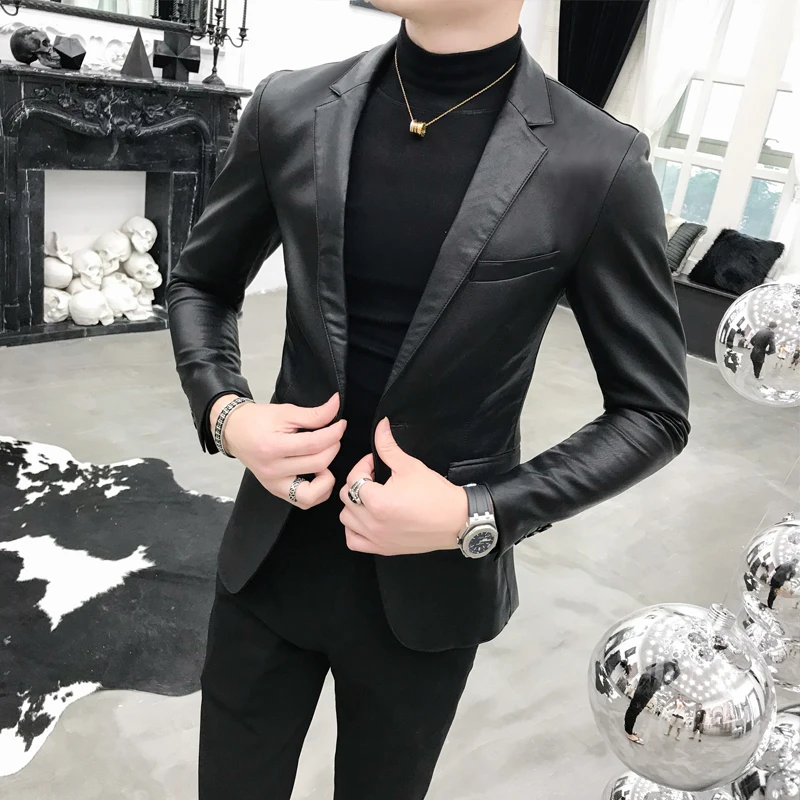 Slim Fit Blazers Jackets For Men PU Leather Suit Coats Men Leather Jackets Male Business Casual Suit Coats Man Blazers Size 4XL