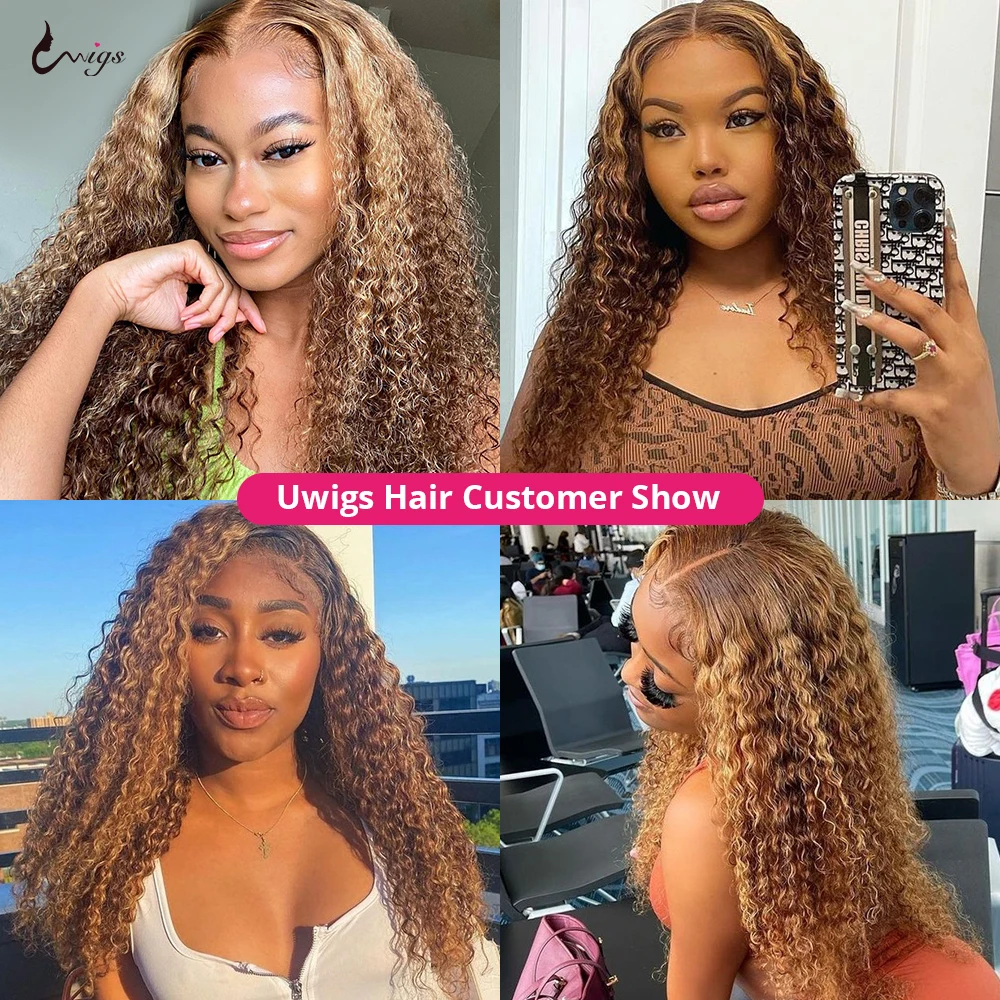 Uwigs Curly Bundles Highlight P4/27 Human Hair Bundles With Closure Honey Blonde Curly Hair Brazilian Bundles With Lace Closure