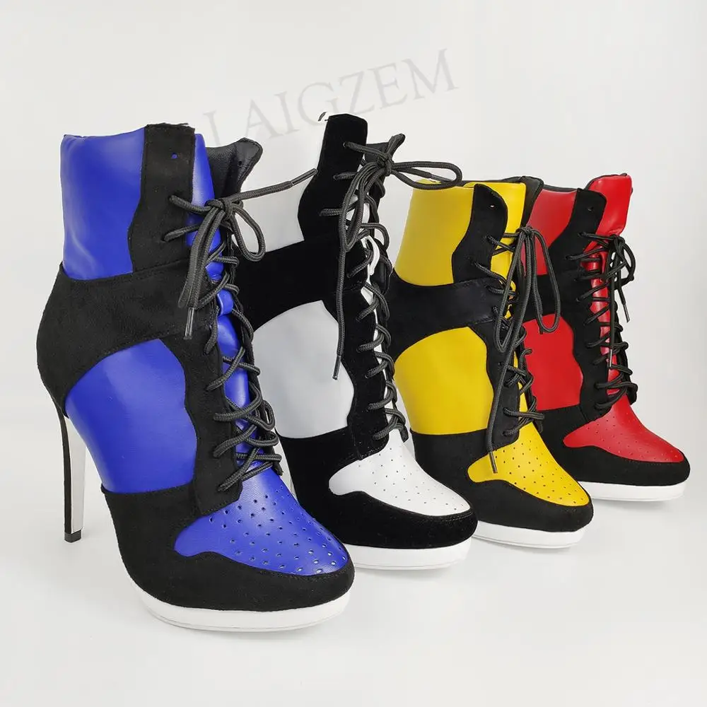 LAIGZEM Quality Women Ankle Boots Colorful Patchwork High Heels Boots Ladies Botines Shoes Woman Botas Mujer Big Size 38 39 47