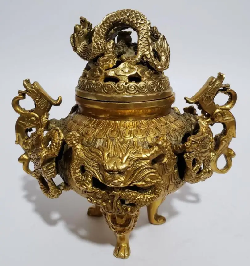 

China brass Nine dragons incense burner crafts statue