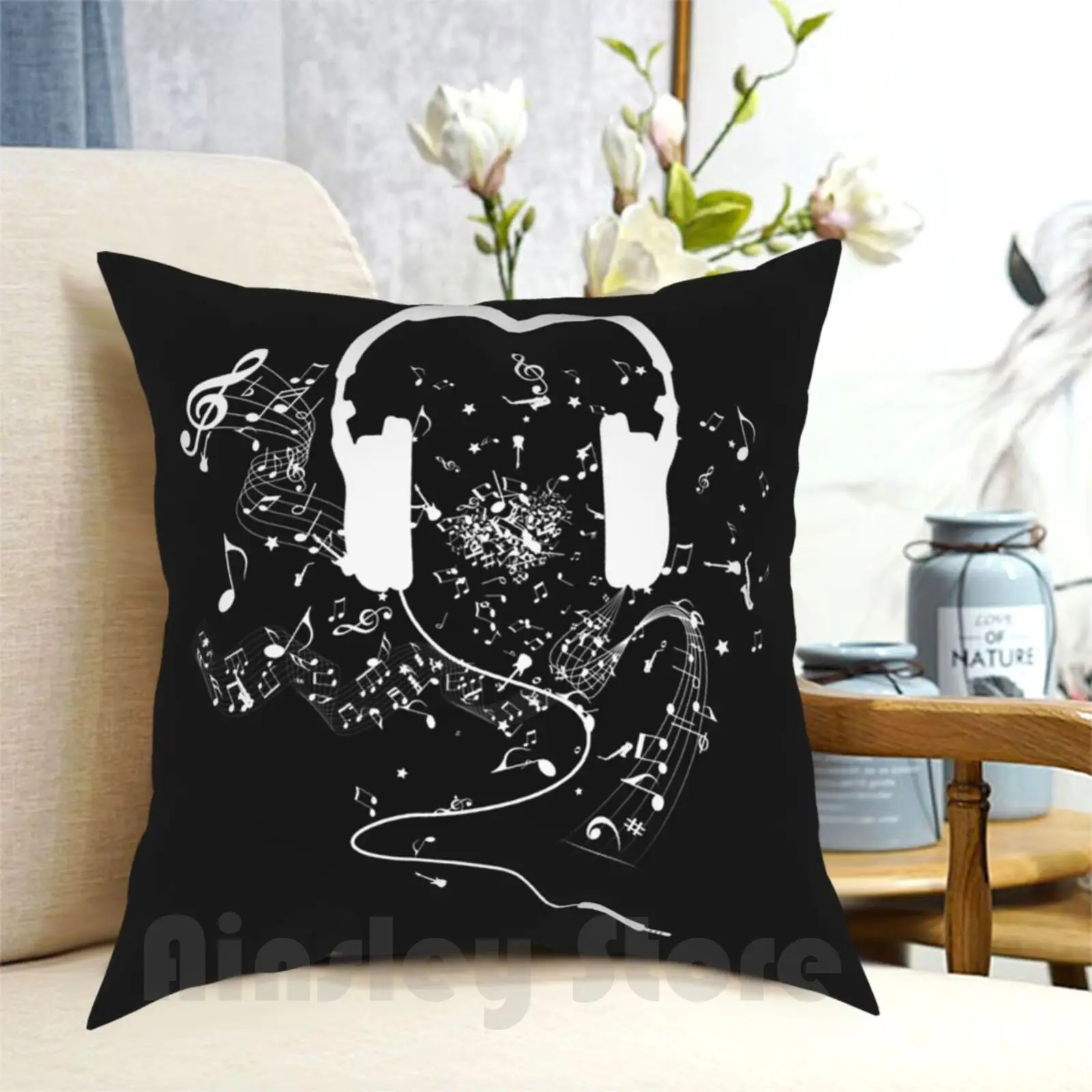 Headphones And Music Notes White Pillow Case Printed Home Soft DIY Pillow cover Headphone Headphones Music Musical Notes