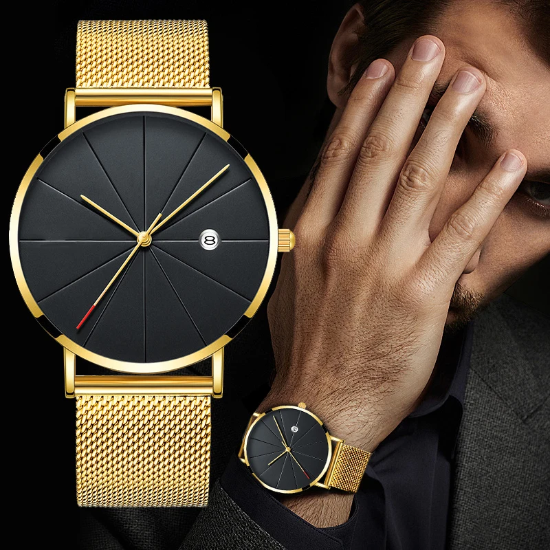 Montres de luxe en or pour hommes d'affaires, montres ultra fines pour hommes, acier inoxydable, ceinture en maille, montres à quartz