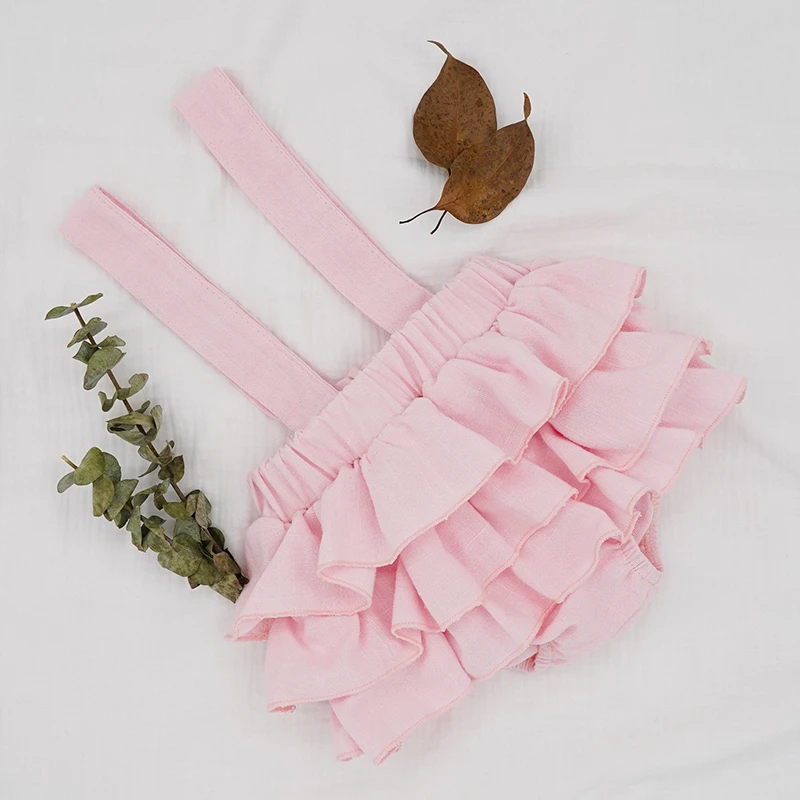 2020 New Baby Girls Linen Bloomers Shorts Fashion Toddlers Kids Pink Tutu Skirts Faldas Ruffle Straps Pants For Newborn Spodnica