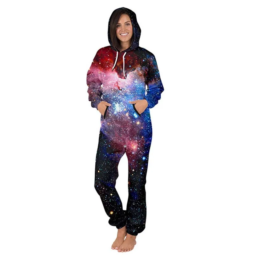 Women Pajamas Romper Adult 3D Hoodied Printing Onesie Jumpsuit Casual Star Zipper Playsuit Autumn Warm Overalls Sleepwear