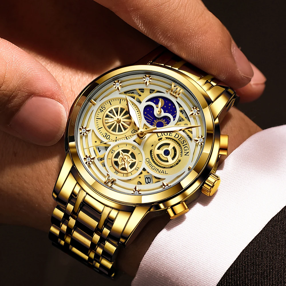 2023 New LIGE Sport Men Watch Top Brand Luxury Gold Stainless Steel Quartz Wrsit Watch Men Fashion Hollow Waterproof Chronograph