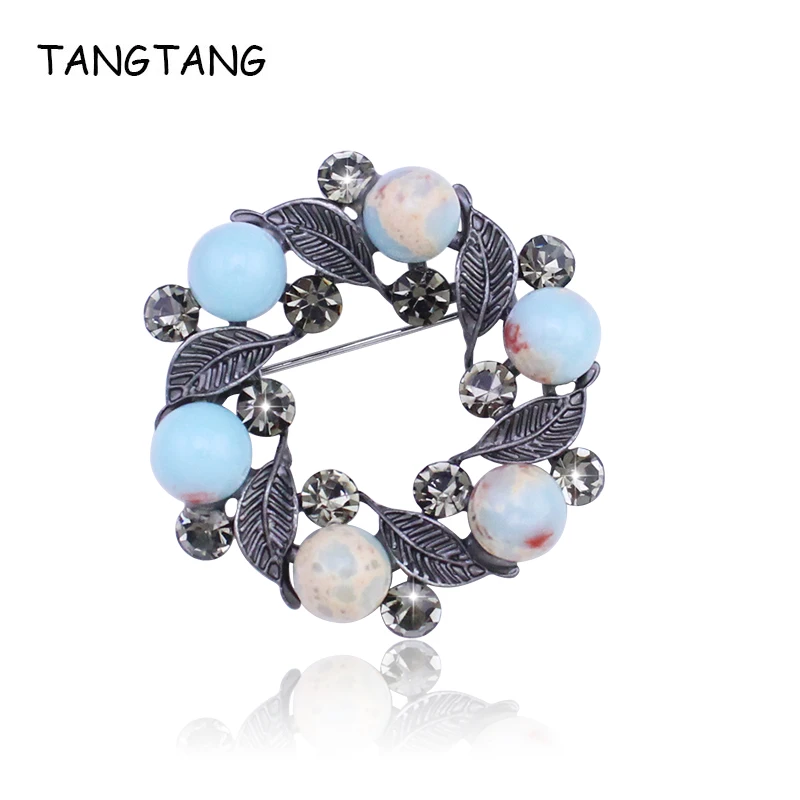 TANGTANG Round Brooch For Men Nature Stone Beaded Black Tone Tin Alloy Brooch Lovely Rhinestone Brooch Pin Jewelry Accessories