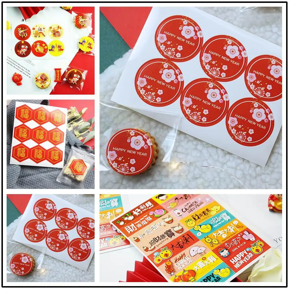 Happy Chinese New Year baking stickers cake cookies Fu blessing dancing lion DIY Party Gift Box Stickers packaging label Décor