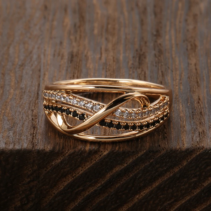 Kinel New Ring 585 Rose Gold With Black Natural Zircon Fashion Waves Rings for Women High Quality Daily Fine Vintage Jewelry