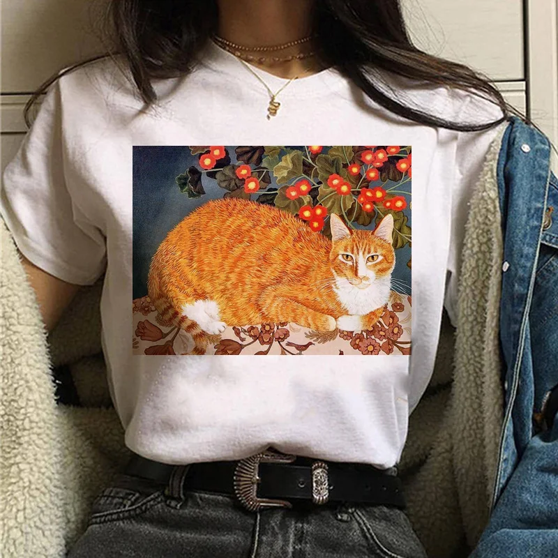 T-shirt chat Van Gogh pour femmes, impression d\'art, peinture à l\'huile, beau, mignon, drôle, dessin animé des années 90, ulzzang, haut décontracté