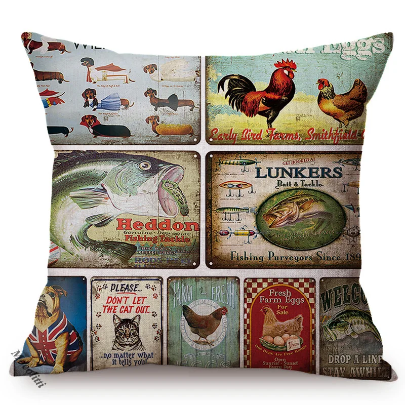 Vintage Nordic Farm Poster Sofa Decorative Throw Pillow Case Retro Shabby Tin Signs Rooster Henhouse Cotton Linen Cushion Cover