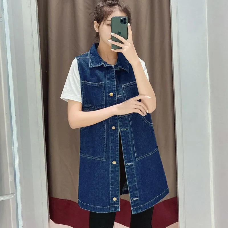 6XL Denim Vests Spring Autumn Women Casual Pocket Hole Jeans Vests Jacket Coat Ladies Sleeveless Waistcoat W2094