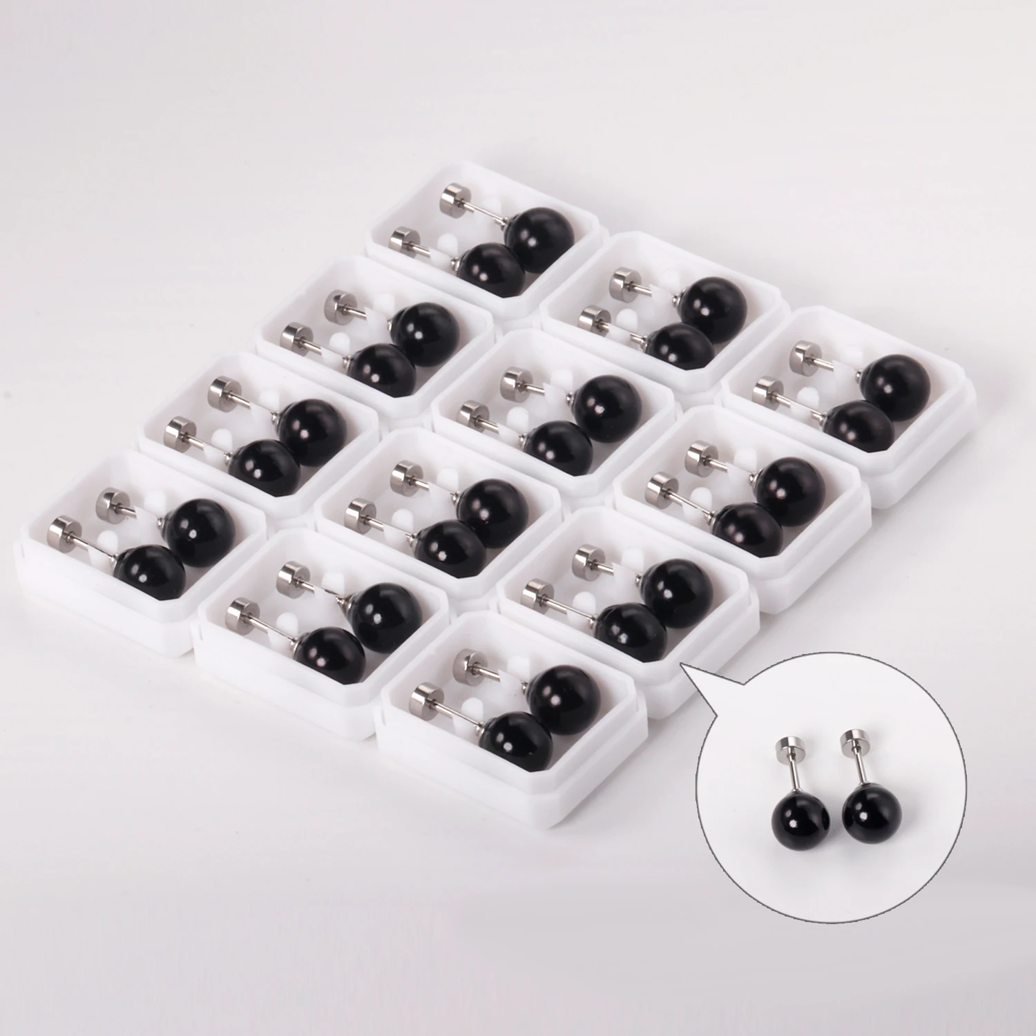 12 Pairs Inoxidable Round Black Color Imtation Pearl Screw Stud Earrings Sets Wholesale Jewelry 8mm Small Earrings Mujer Gift